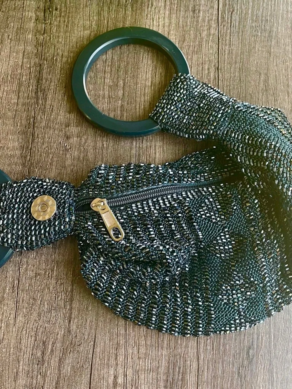 Ricki Designs Beaded Ring Handle Wristlet Bag Purse Blue/Black Sparkle Magnetic